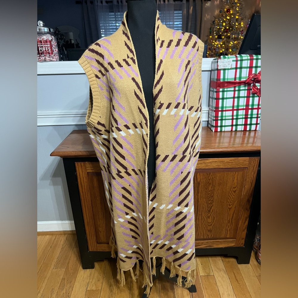 Cato Tan and Purple Plaid Vest with Fringe